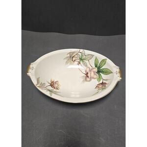 Meito China Woodrose Oval Serving Bowl White Japan Floral Gold Trim Handled